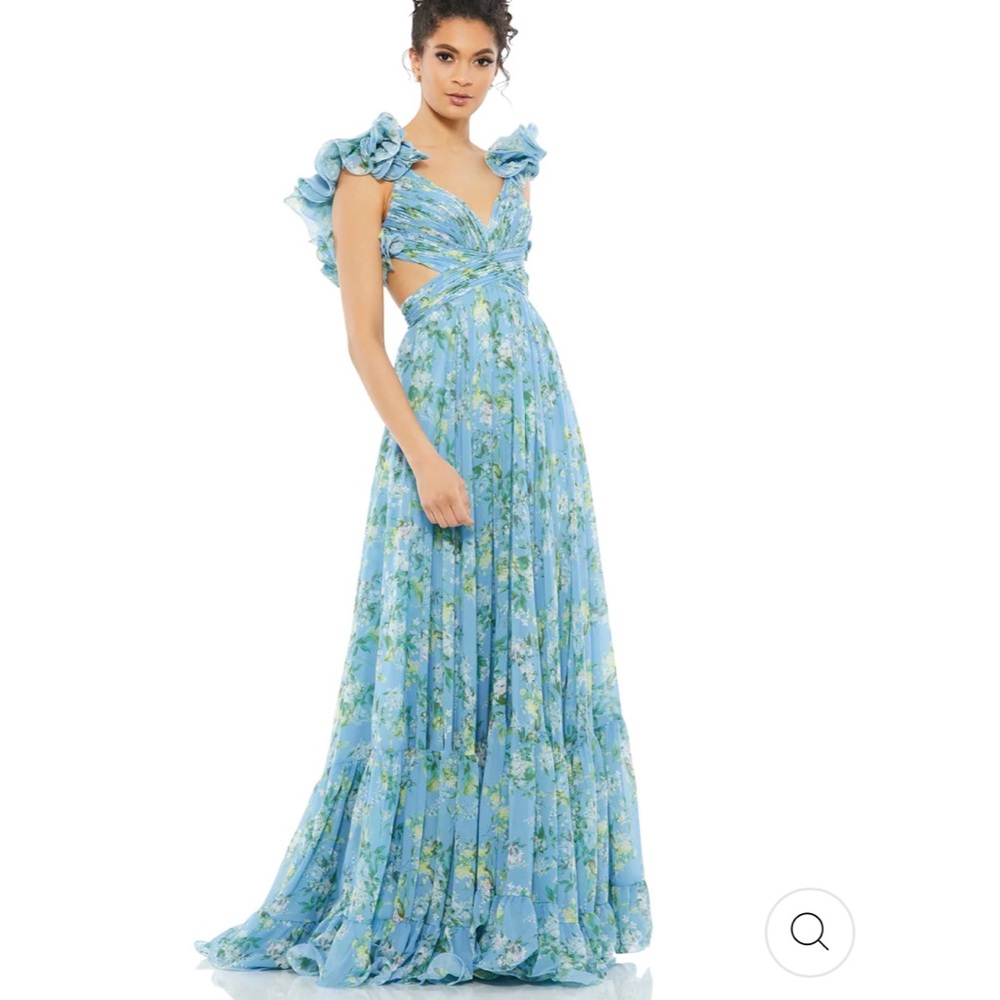 Mac Duggal Light Blue Floral Ruffle Cap Sleeve Gown